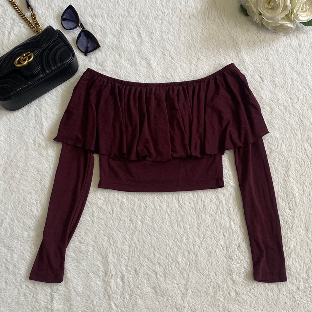 Forever21 Burgundy Wine Off Shoulder Flounce Top size Small